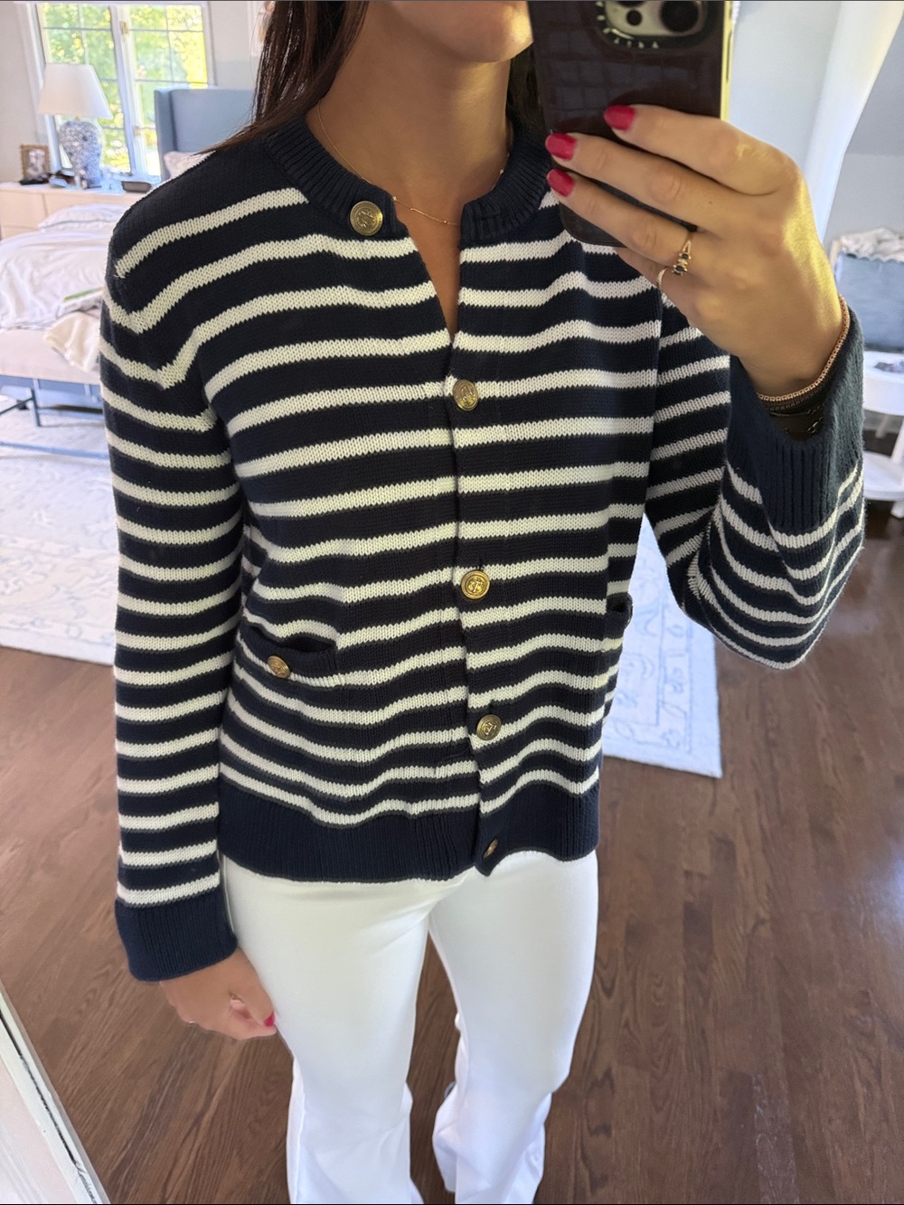 Striped Navy & White Button-Front Cardigan Sweater Cotton